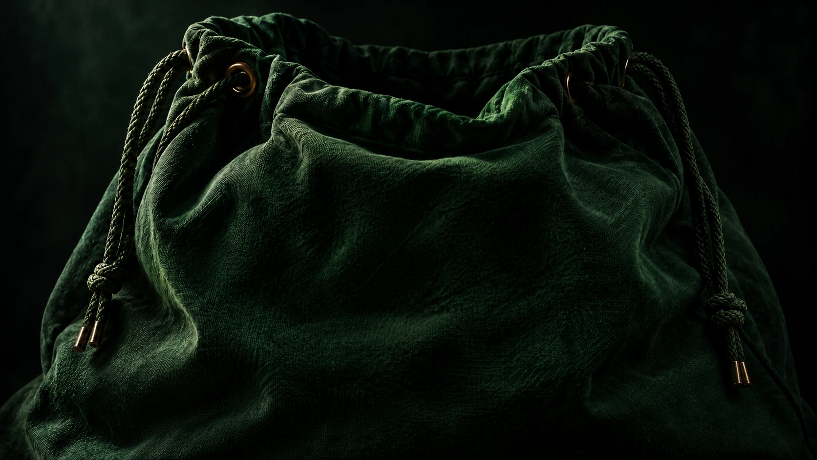An oversized forest-green fabric bag with brass eyelets and braided drawstrings